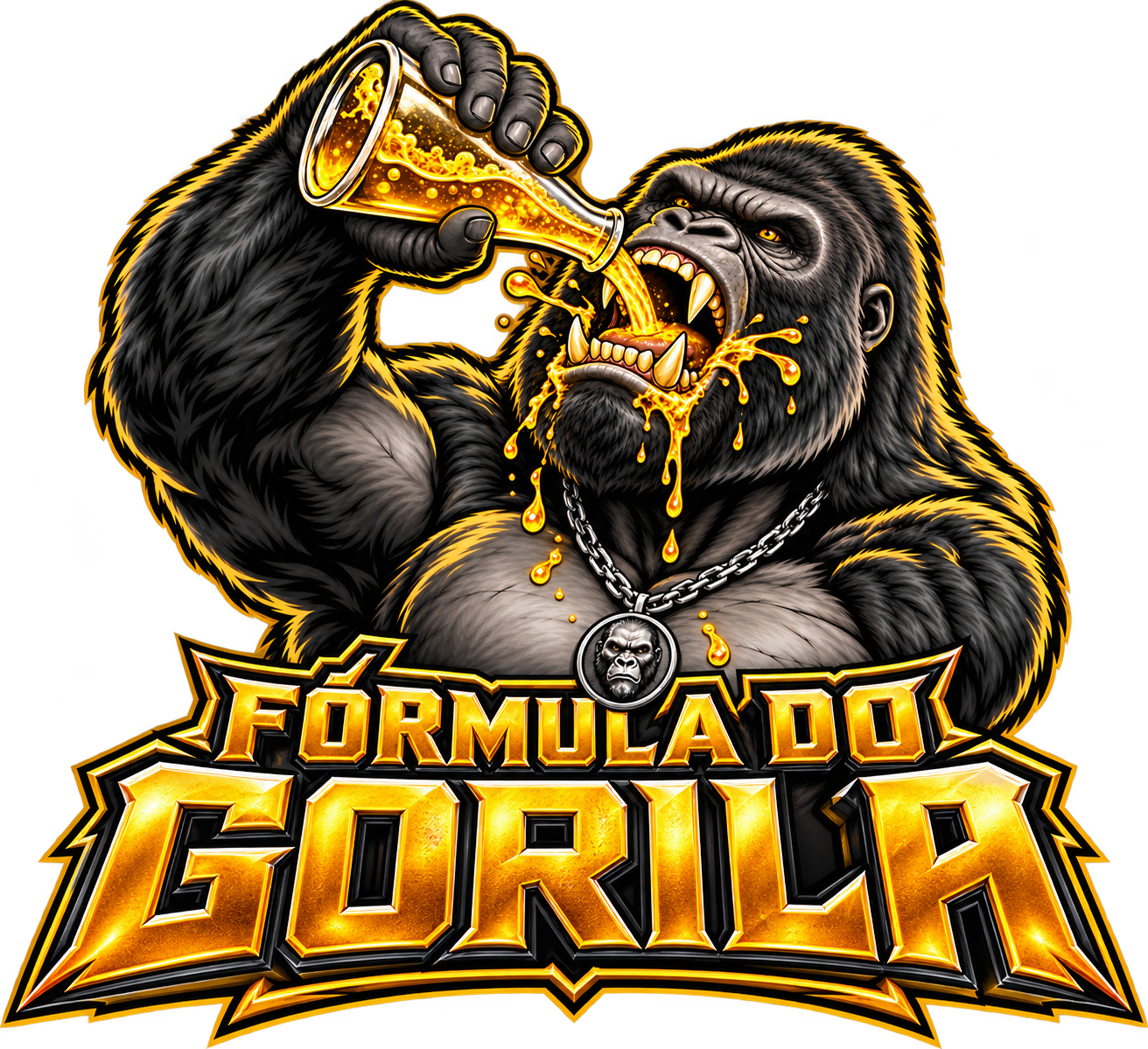 Fórmula do Gorila: gorila virando um frasco dourado na boca